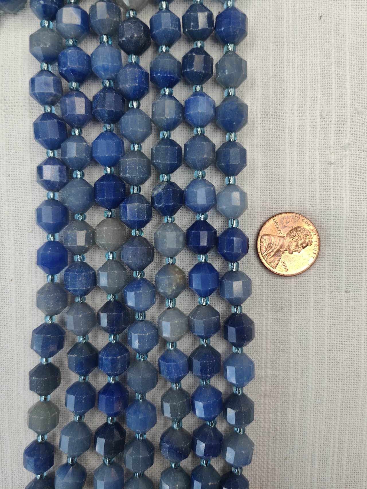 blue aventurine 10mm art deco lantern shape faceted 15.5"strand