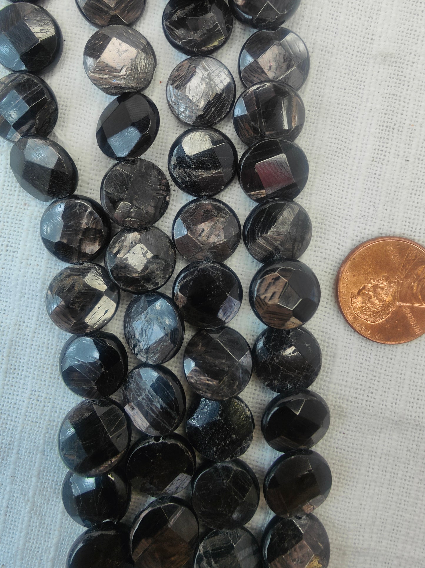 black aura hypersthene 12mm coin shape faceted AAA grade 15.5"strand