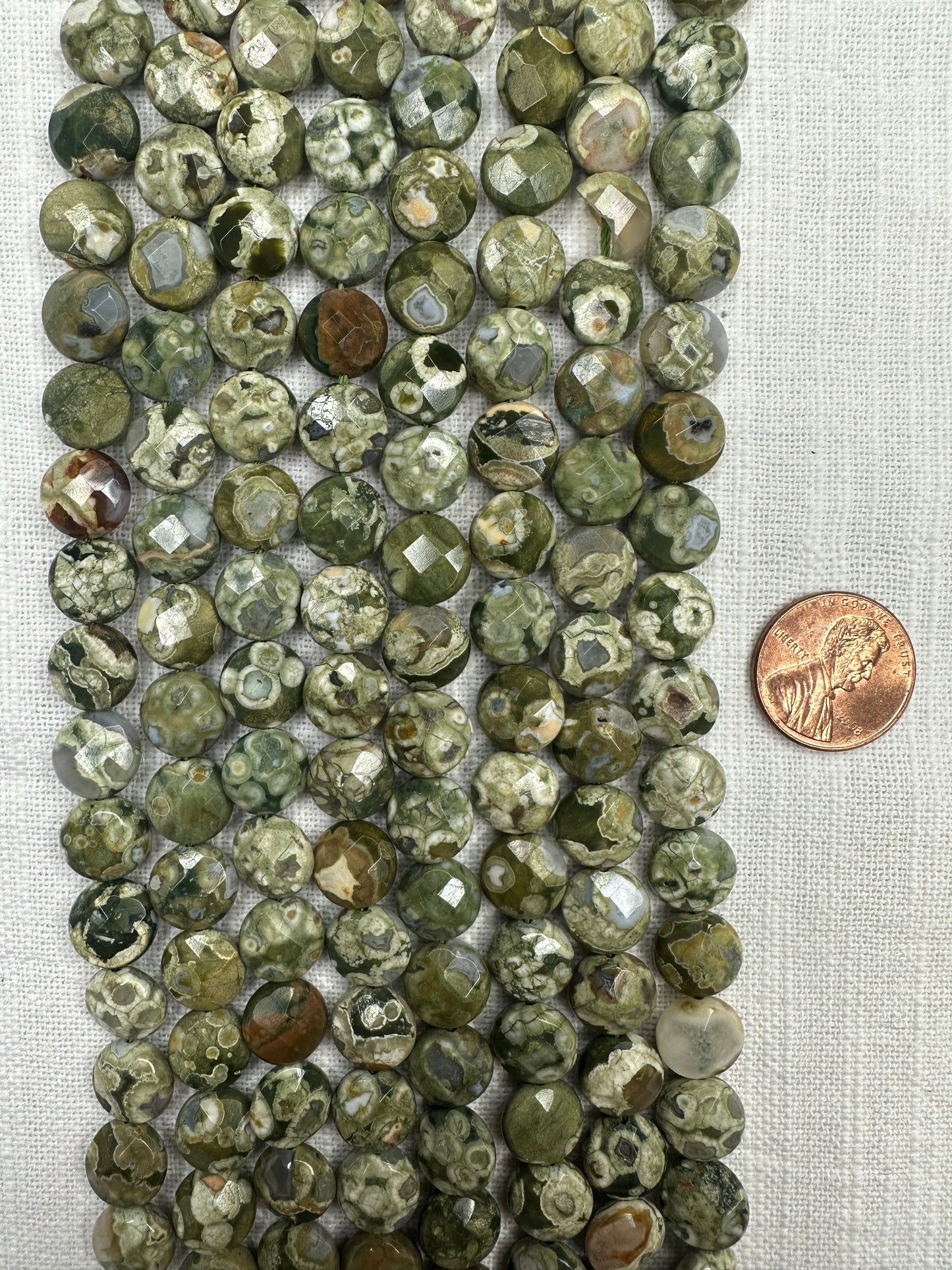 Rainforest Jasper Rhyolite 10mm coin faceted shape beads faceted 15.5"strand