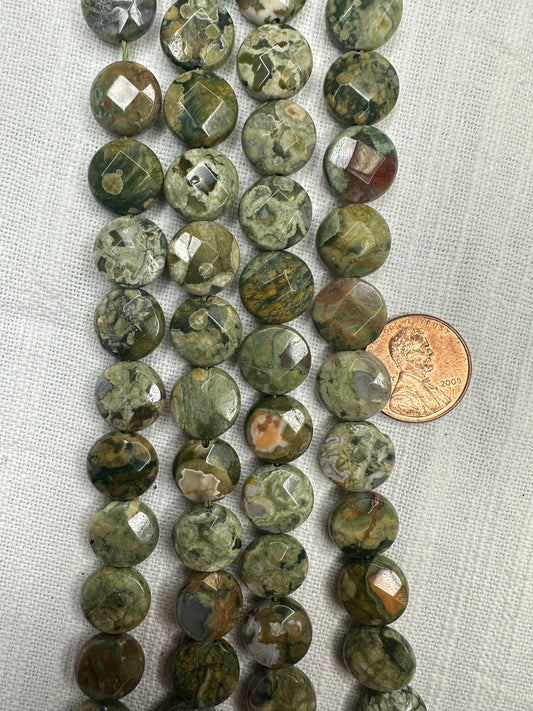 Rainforest Jasper Rhyolite 12mm coin faceted shape beads faceted 15.5"strand