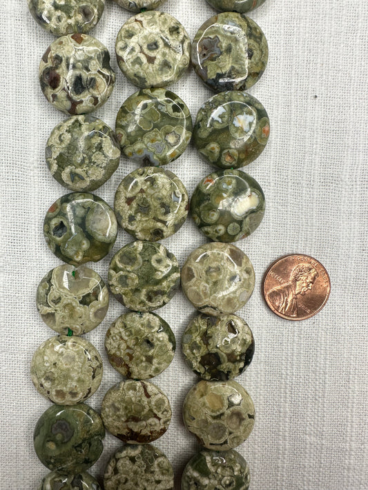 Rainforest Jasper Rhyolite 20mm coin shape beads faceted 15.5"strand