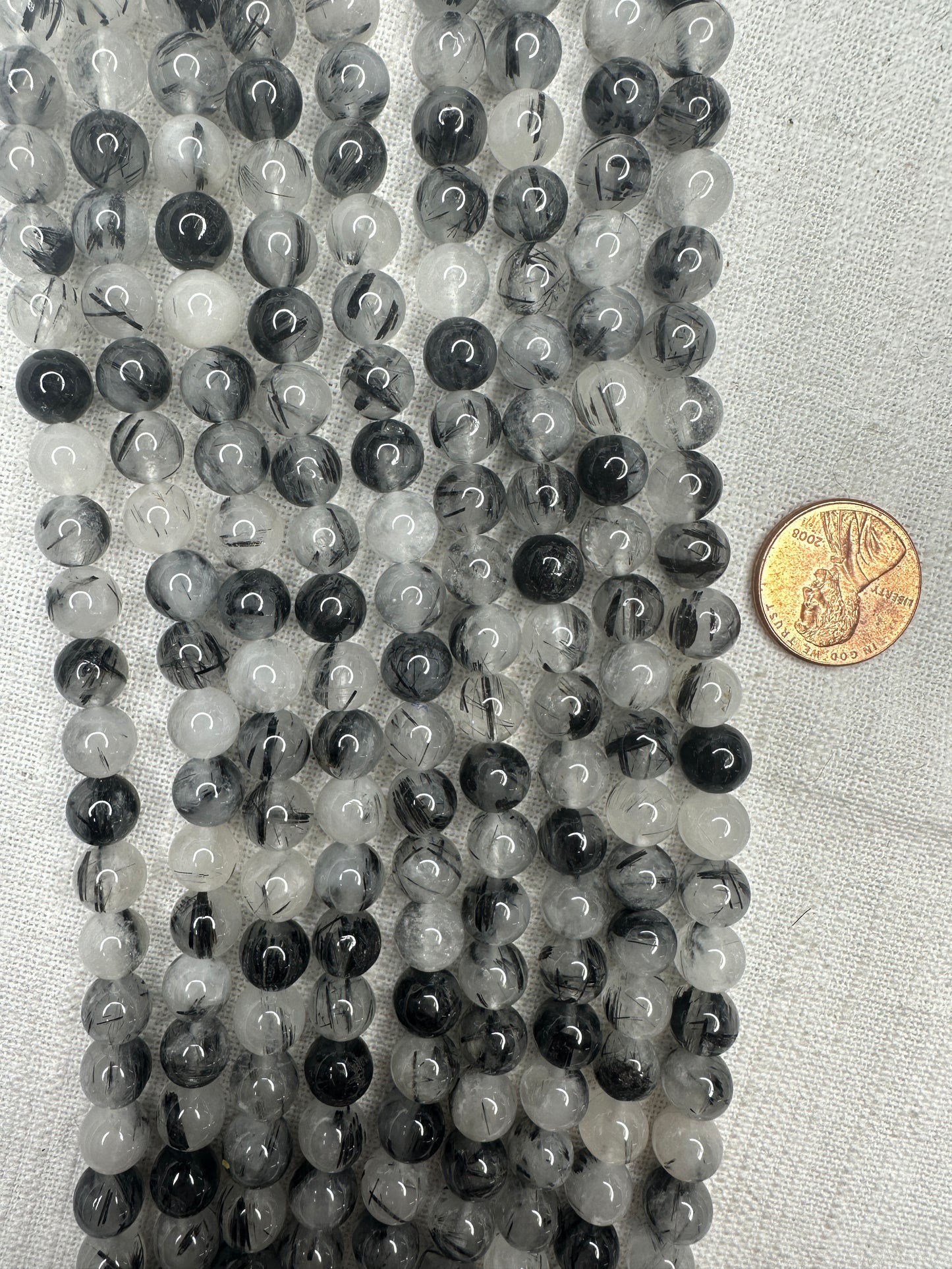 black tourmaline rutilated quartz 8mm round shape faceted 15.5"strand
