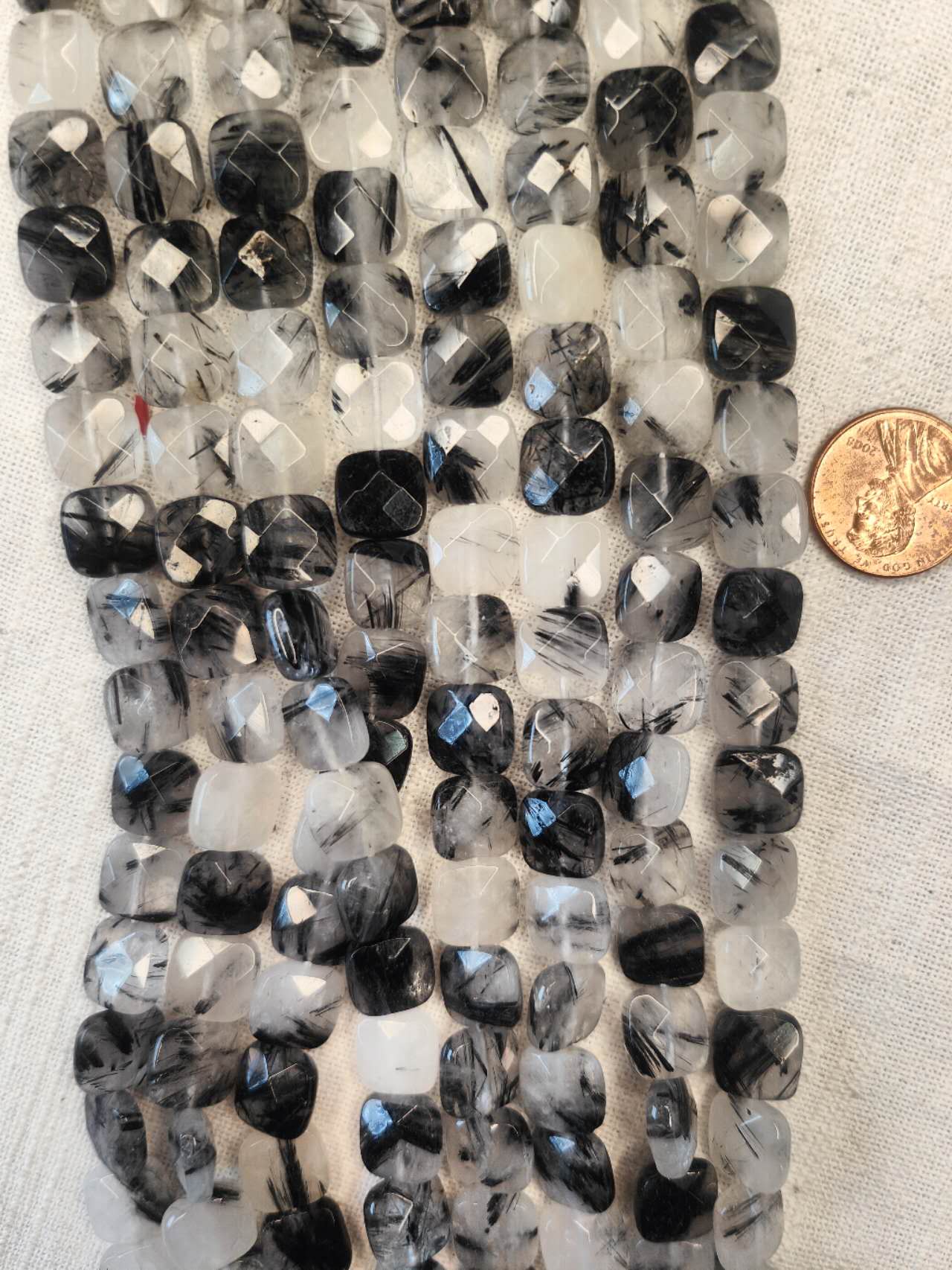 black tourmaline rutilated quartz 12mm square shape faceted 15.5"strand