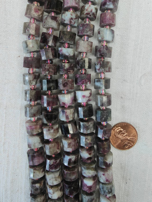 Plum Blossom Tourmaline clinder tube faceted 7mmx10mm beads 15.5"strand