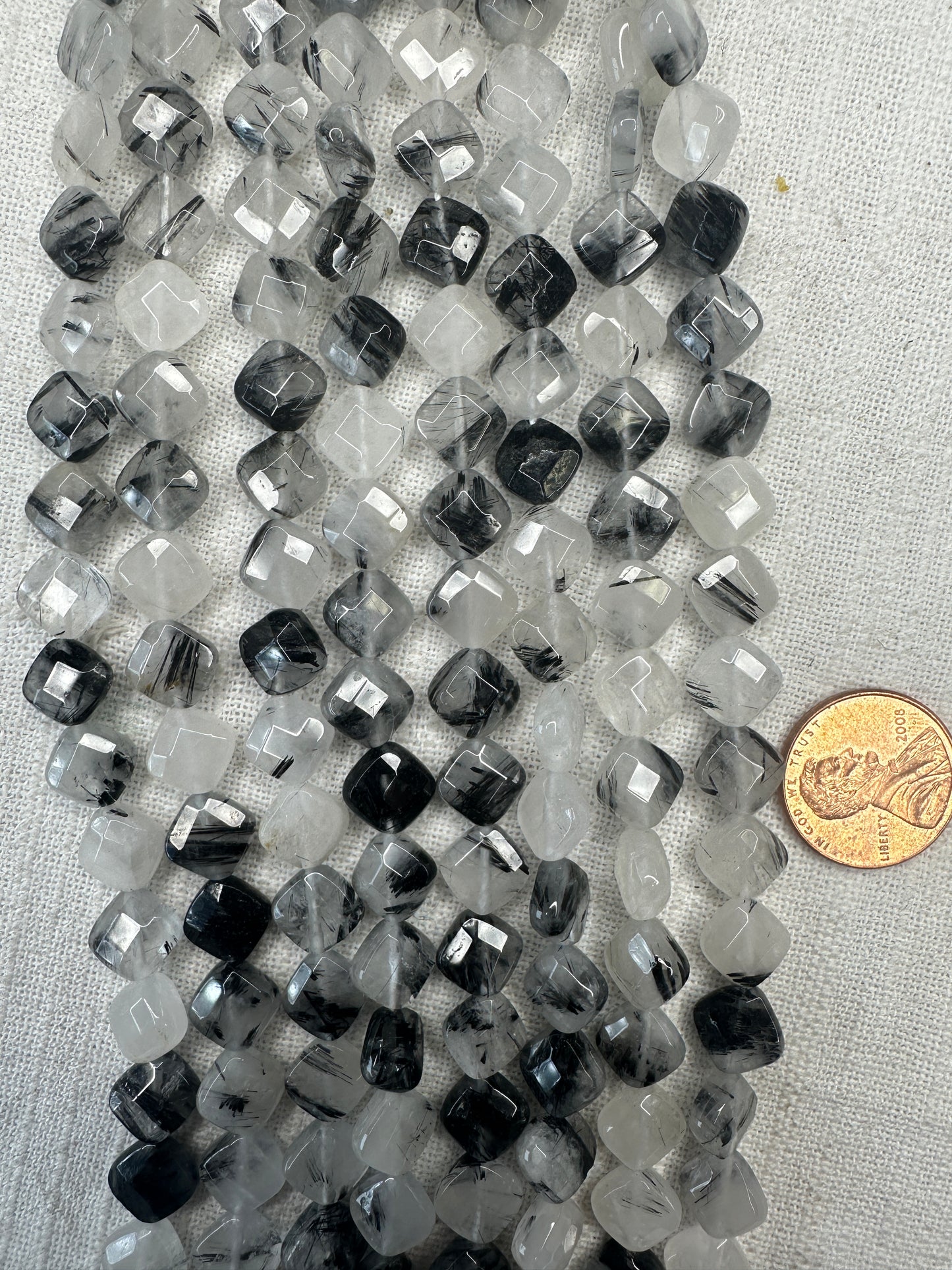 black tourmaline rutilated quartz 8mmx8mm square shape faceted diagonal drilled 15.5"strand