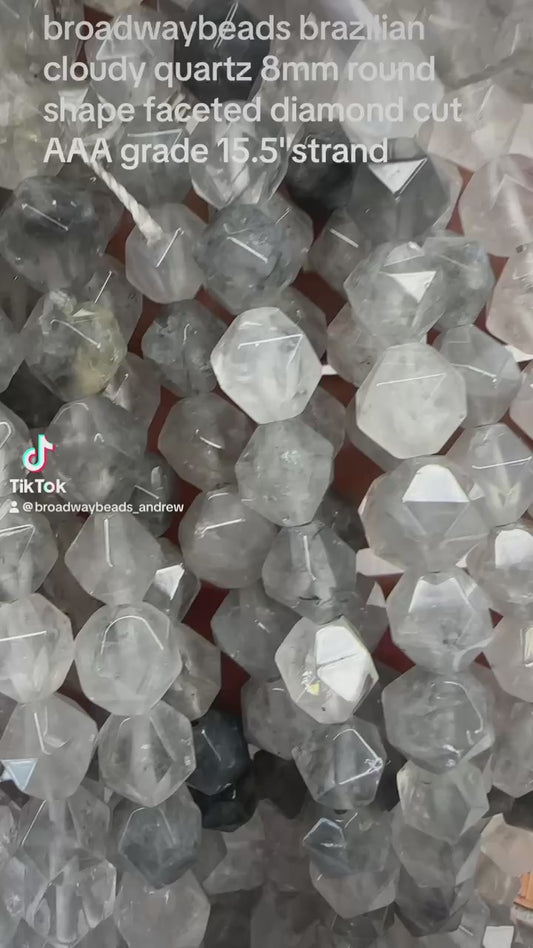 brazilian cloudy quartz 8mm round shape faceted diamond cut AAA grade 15.5"strand