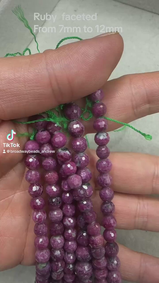 ruby round faceted from 7mm to 12mm graduate 16"strand