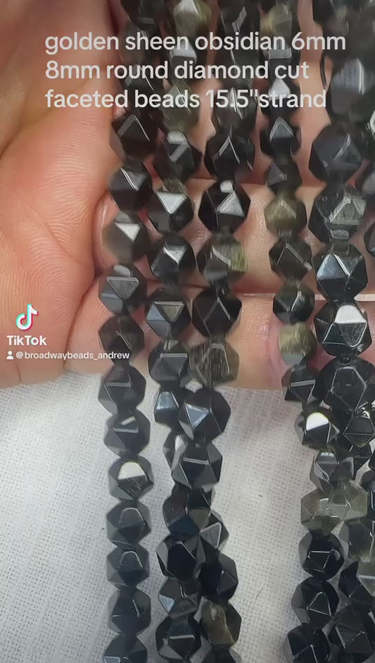 golden sheen obsidian 6mm 8mm round diamond cut faceted beads 15.5"strand