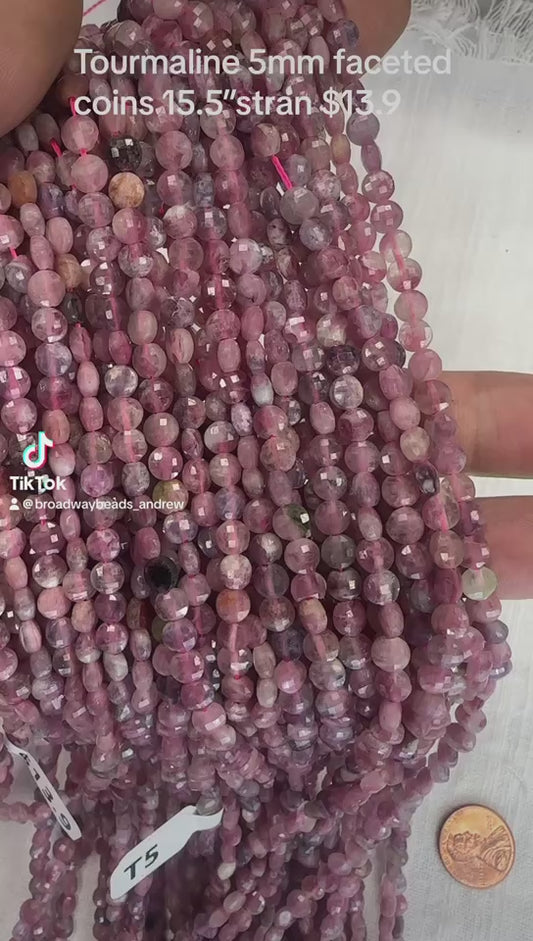 watermelon tourmaline 5mm faceted coin shape beads 15.5"strand
