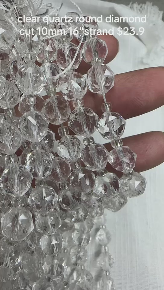 clear quartz round diamond cut 10mm 16"strand